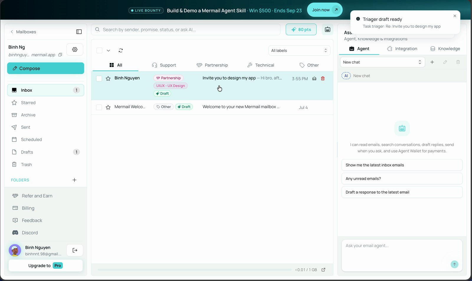 Mermail inbox list showing an email with the Partnership category and a UIUX - UX Design custom label