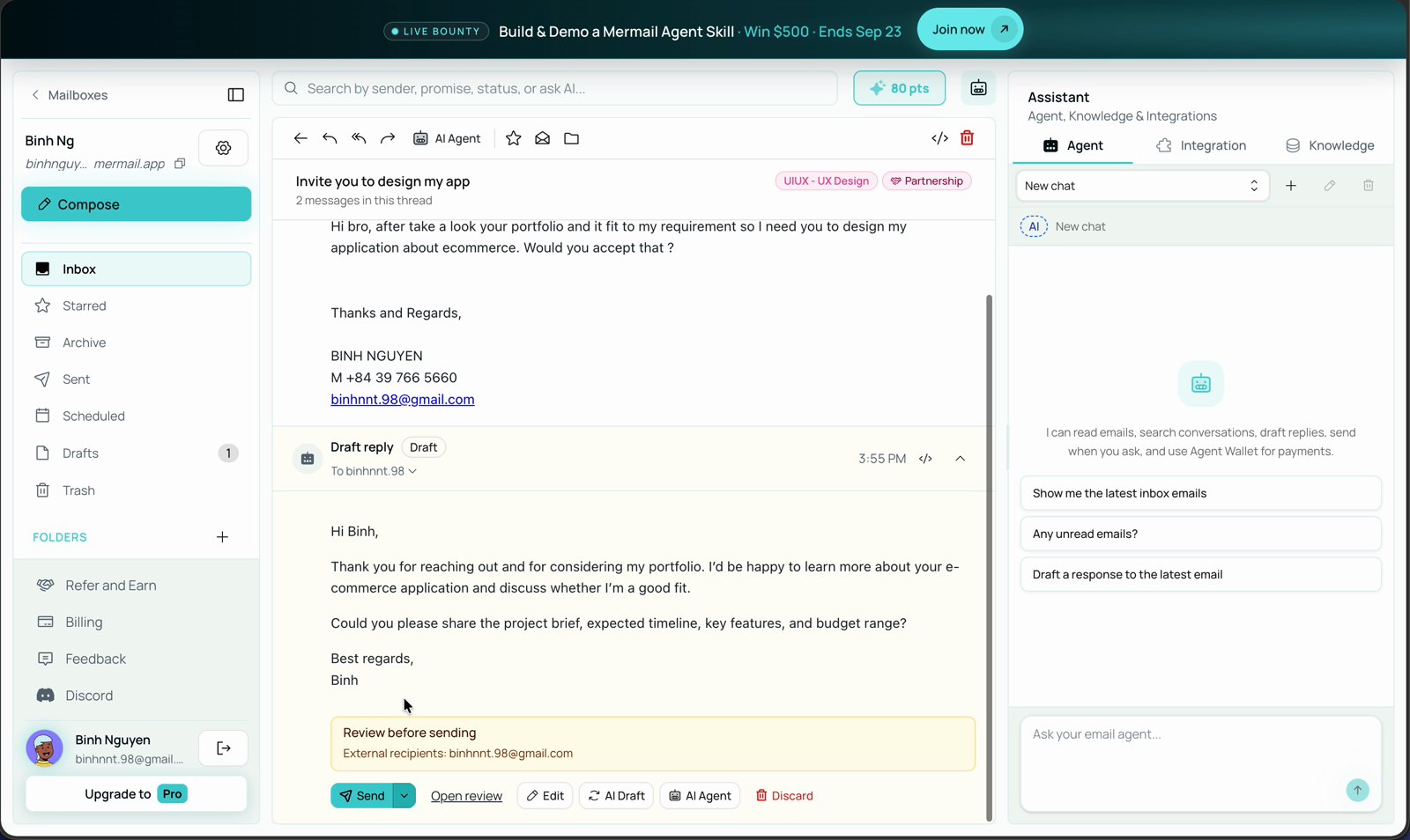 Opened thread titled Invite you to design my app with UIUX - UX Design and Partnership labels in the header