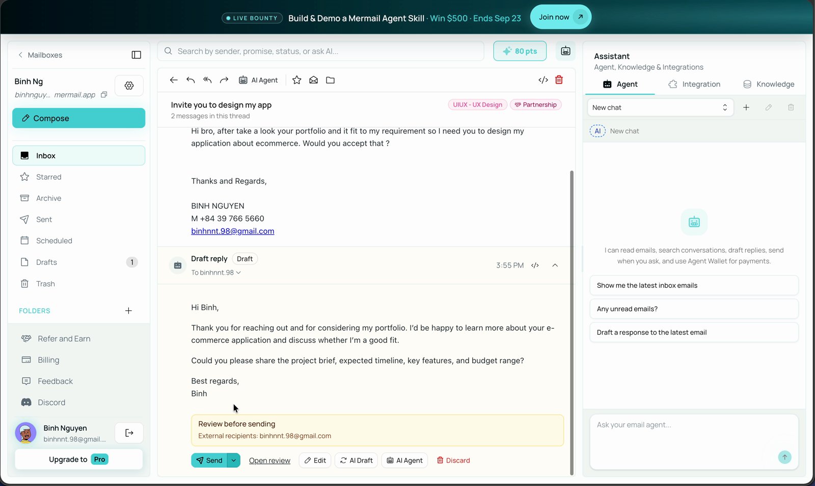 Opened thread titled Invite you to design my app with UIUX - UX Design and Partnership labels in the header