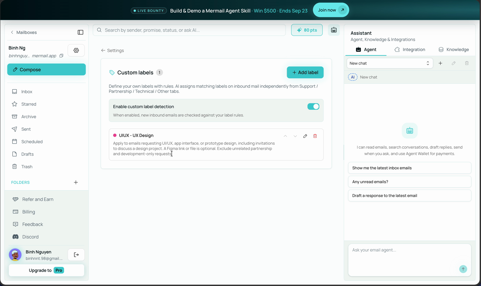 Mermail Custom labels page with the detection toggle enabled and a label named UIUX - UX Design with its rule