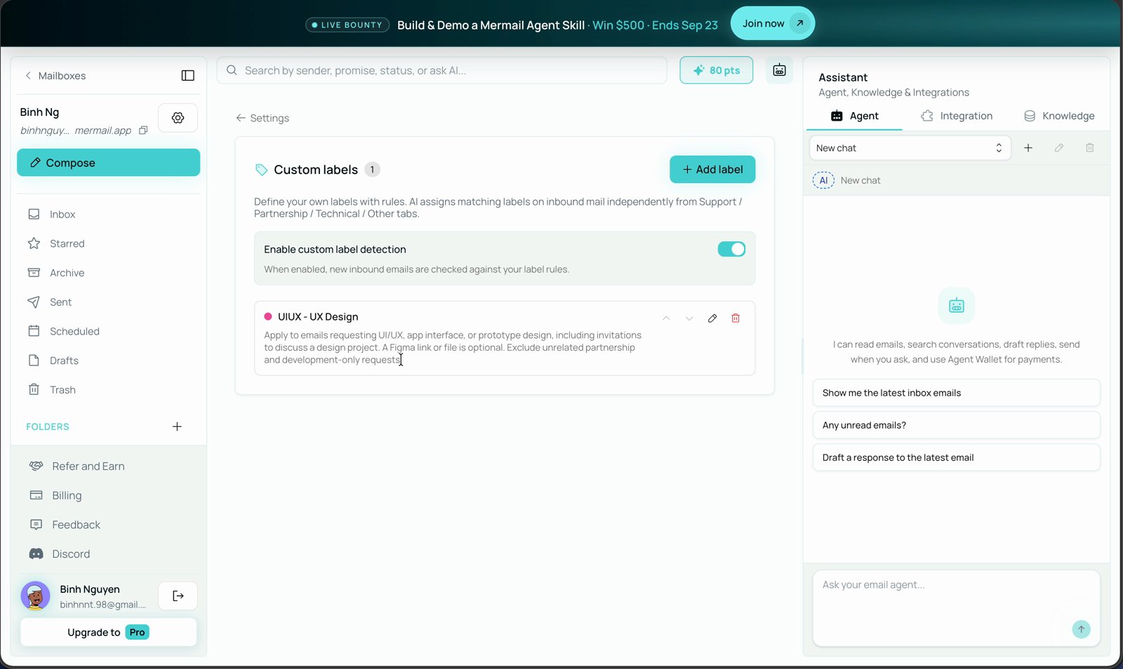 Mermail Custom labels page with the detection toggle enabled and a label named UIUX - UX Design with its rule