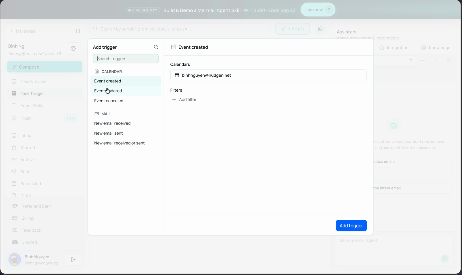 Add trigger dialog with calendar and mail trigger choices and a connected calendar selected