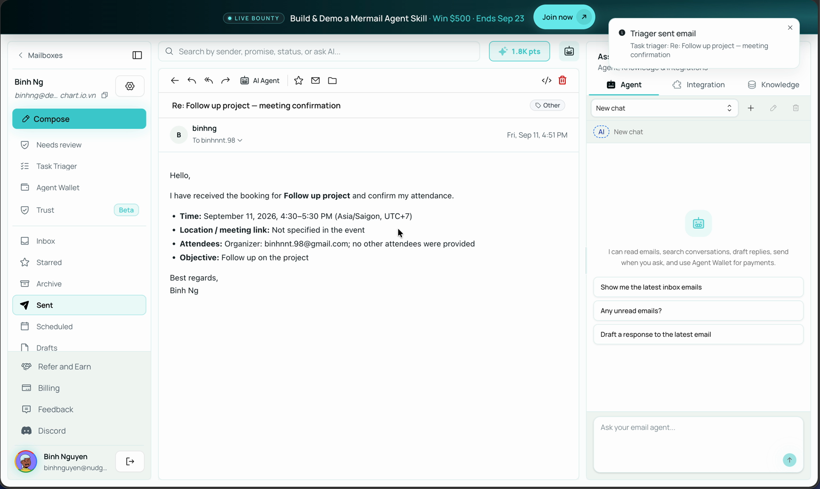Triager sent email notification naming the confirmation message