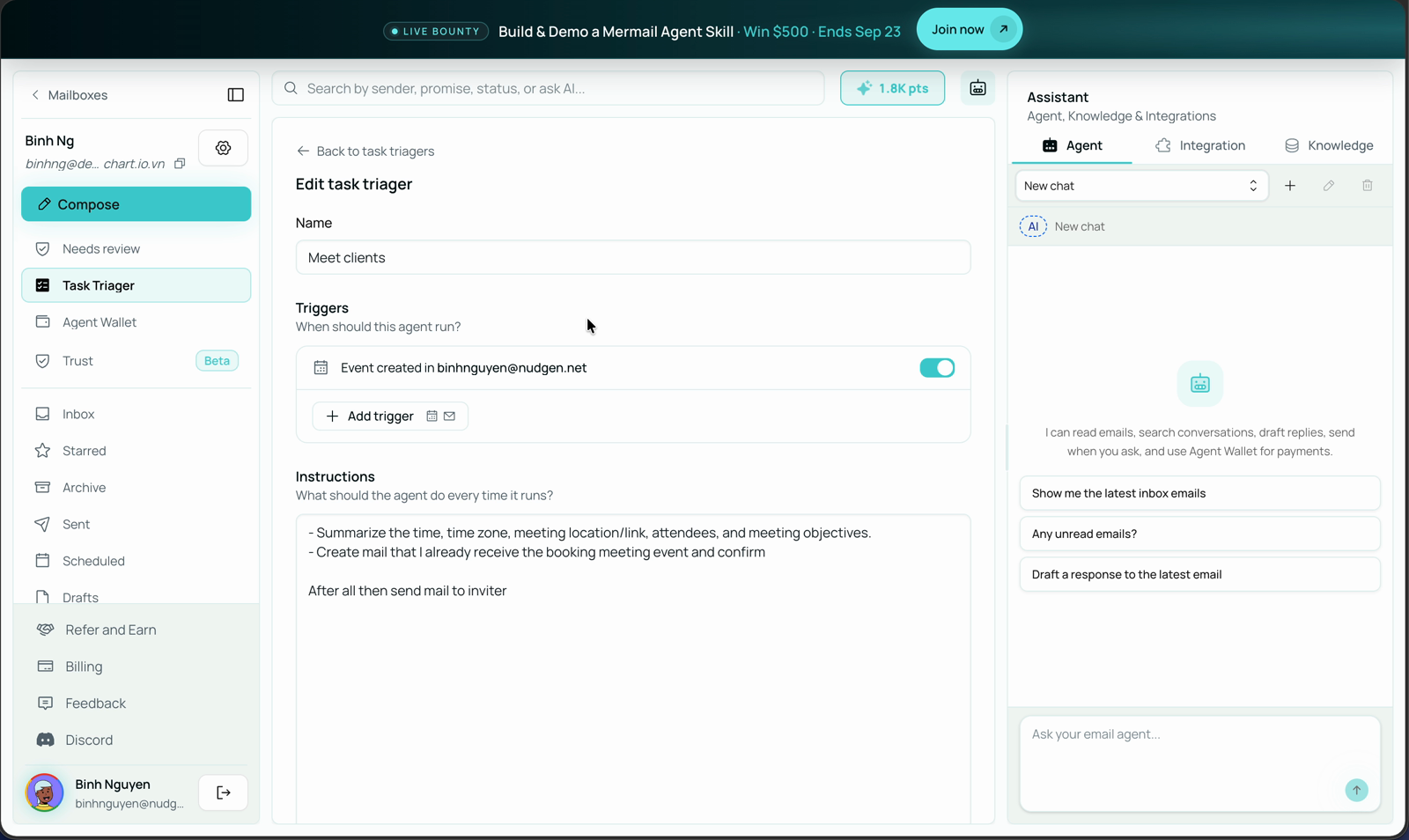 Edit task trigger form showing the name Meet clients, an enabled Event created trigger, and the instructions