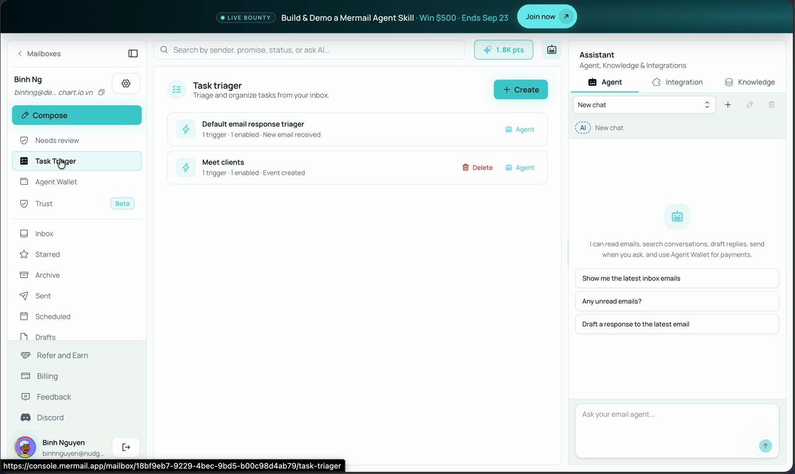 Mermail Task Triager page showing the default email response triager and a custom triager named Meet clients
