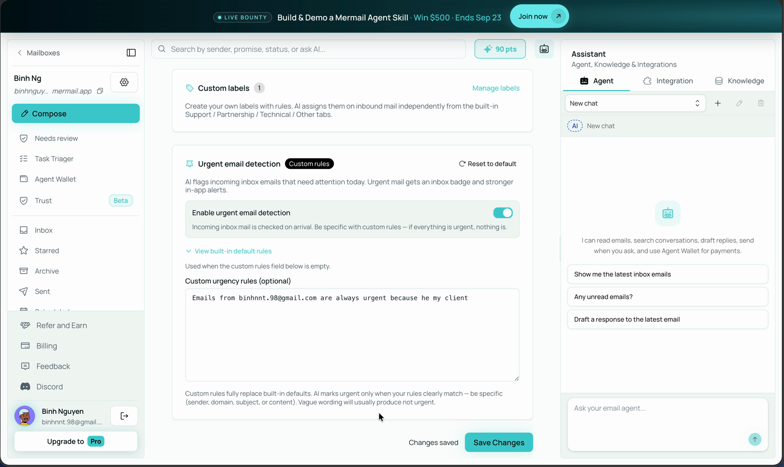 Mermail mailbox settings showing Urgent email detection with the Custom rules badge, the enable toggle, and a custom urgency rule