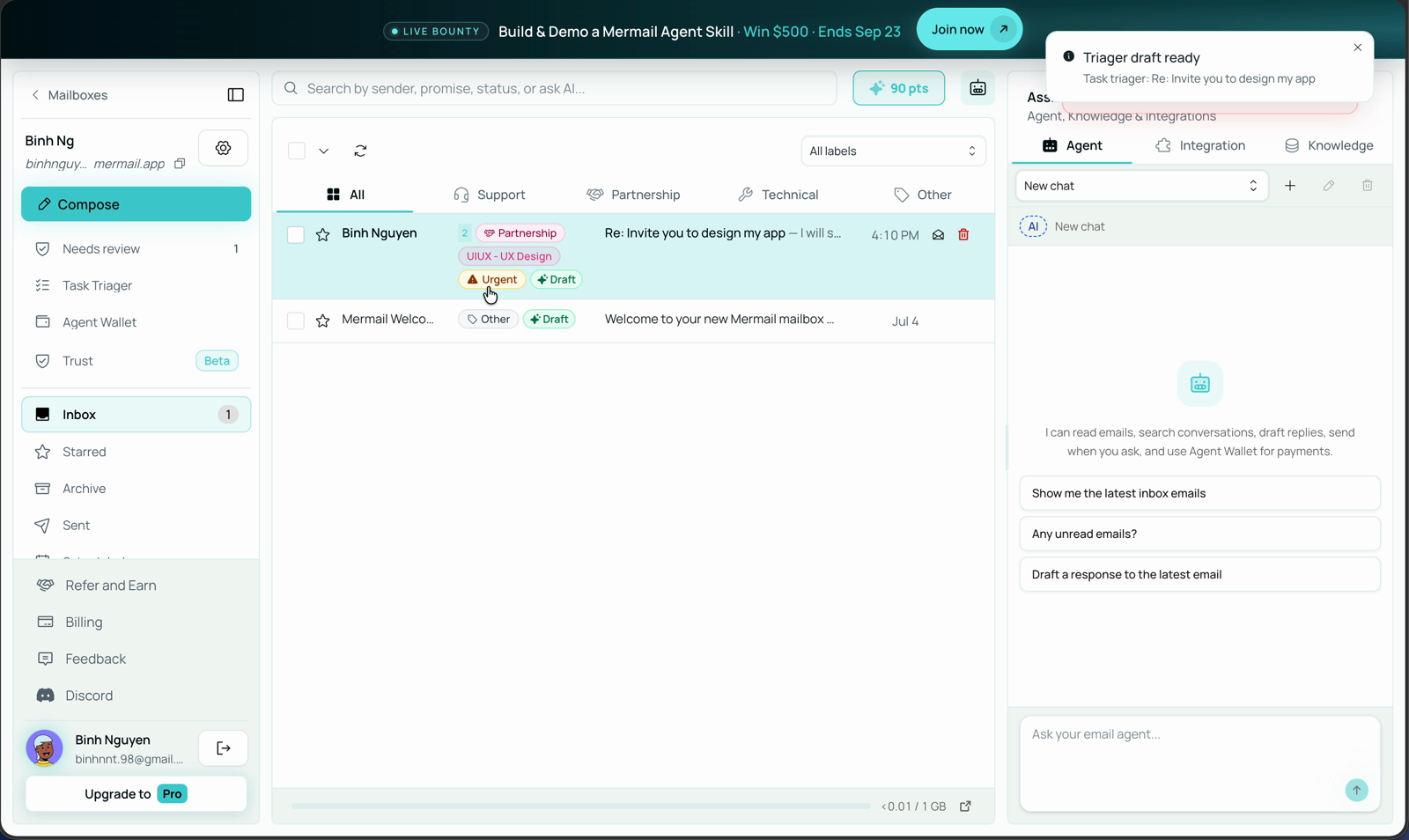 Mermail inbox list with an email showing an Urgent badge next to its Partnership and UIUX labels