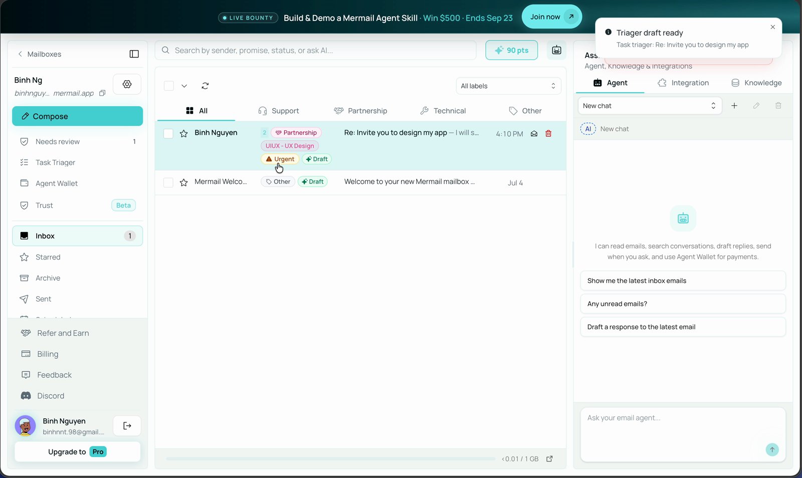 Mermail inbox list with an email showing an Urgent badge next to its Partnership and UIUX labels
