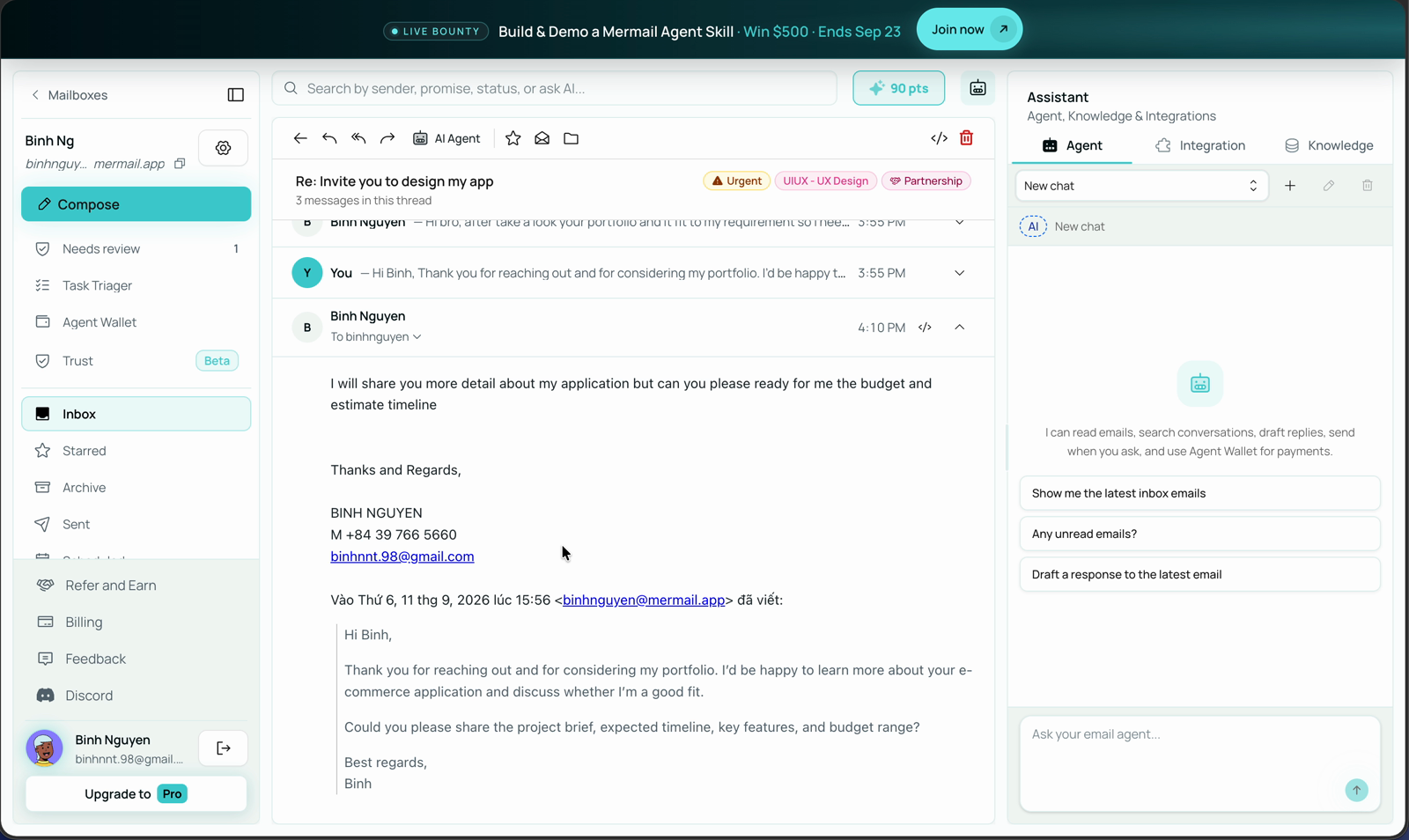 Opened email thread titled Re: Invite you to design my app with an Urgent badge in the header