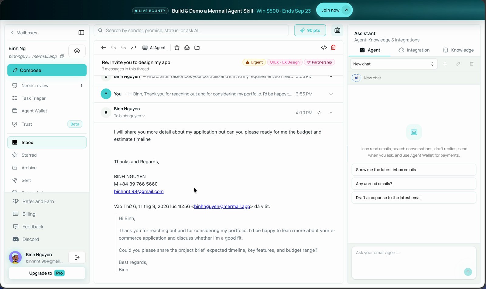 Opened email thread titled Re: Invite you to design my app with an Urgent badge in the header