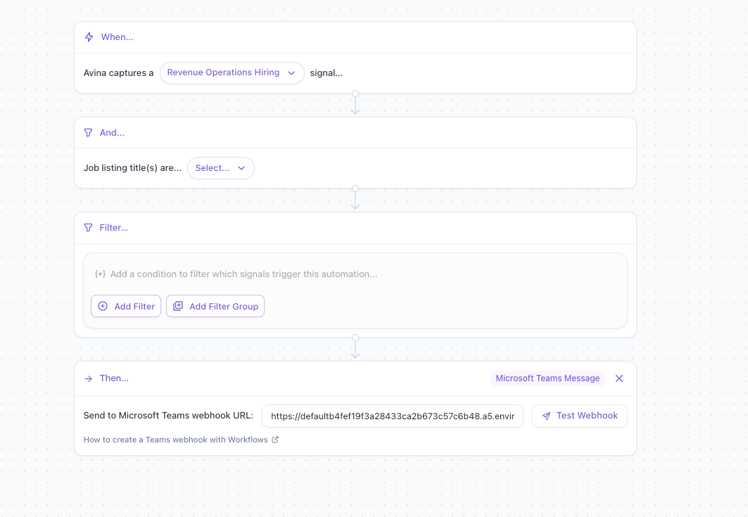 Avina automation builder with the Microsoft Teams Message destination and webhook URL field