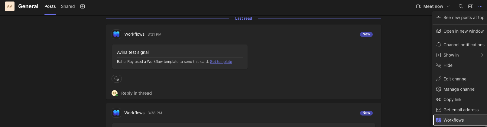 The channel options menu in Microsoft Teams with Workflows highlighted