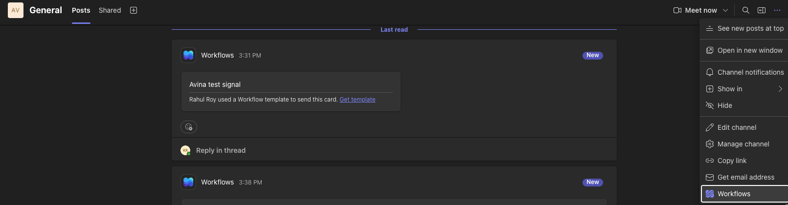 The channel options menu in Microsoft Teams with Workflows highlighted