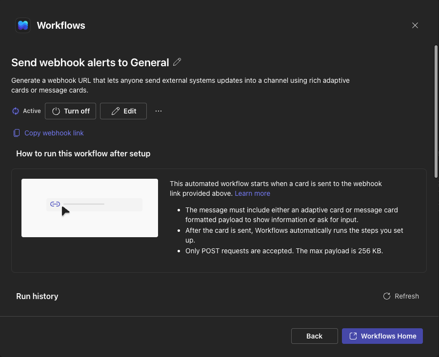 Workflow details page with the Copy webhook link action