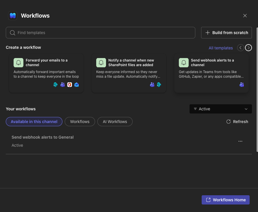 Workflows template picker showing Send webhook alerts to a channel
