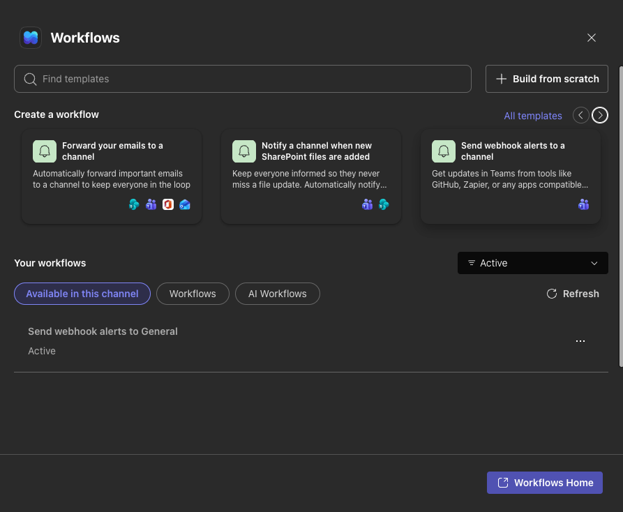 Workflows template picker showing Send webhook alerts to a channel