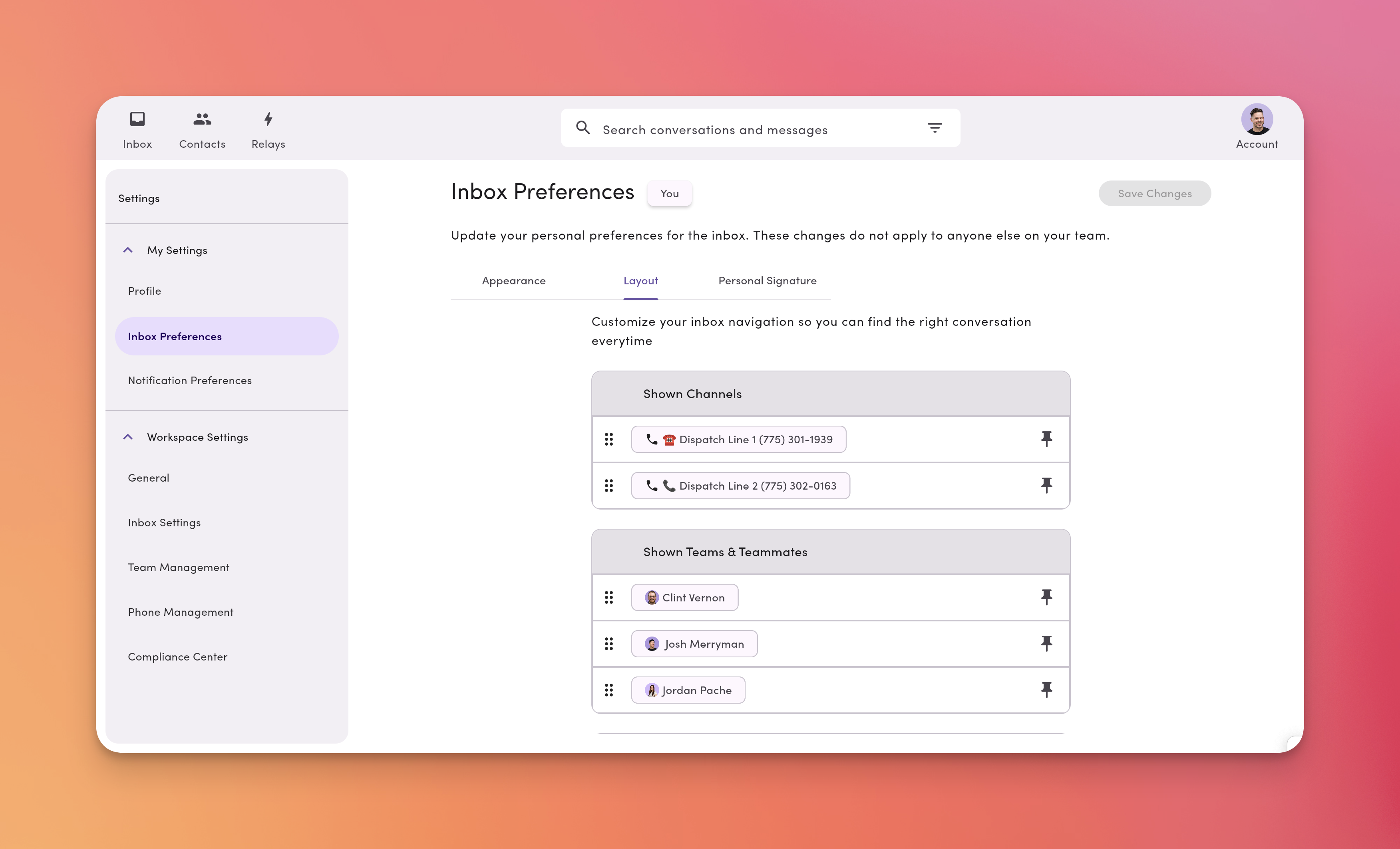 Settings Inbox Layout Pn