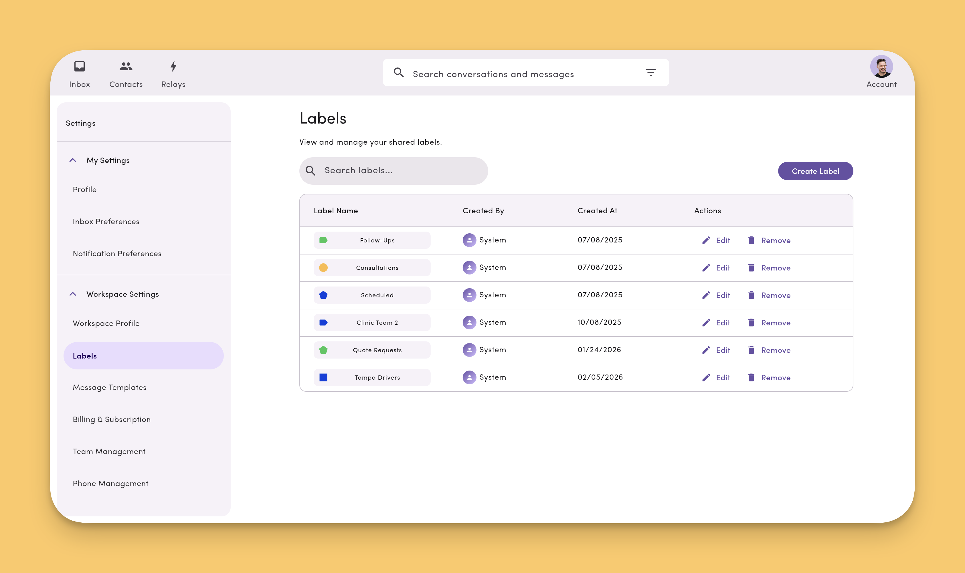 Workspace Labels Settings