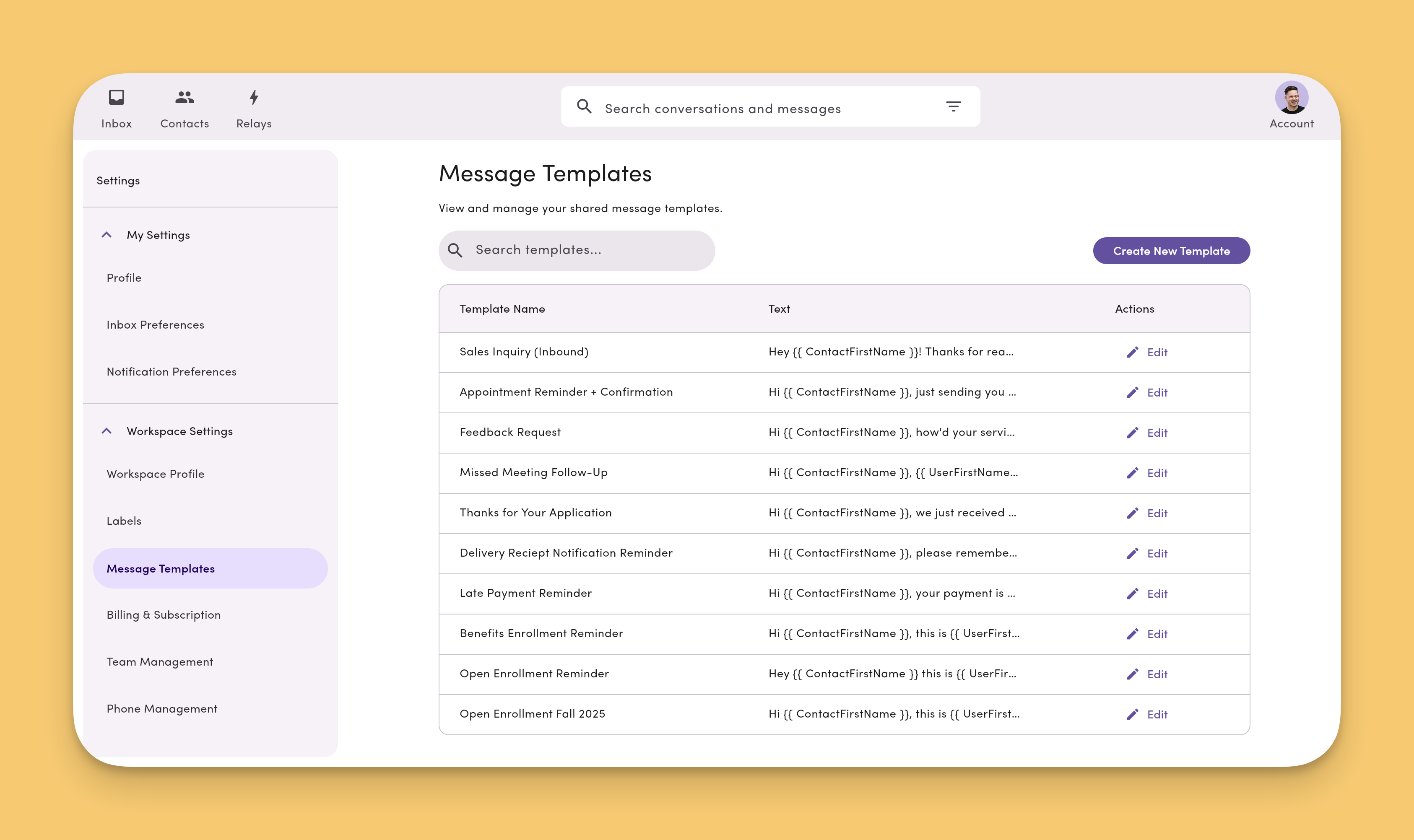Workspace Message Templates Settings