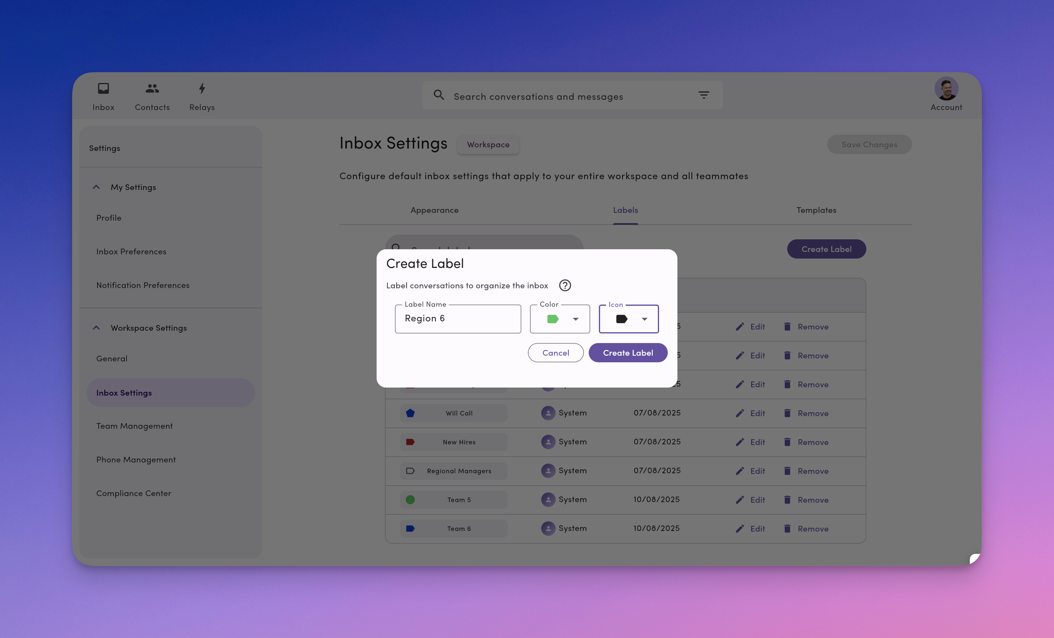 Settings Create Edit Label Pn