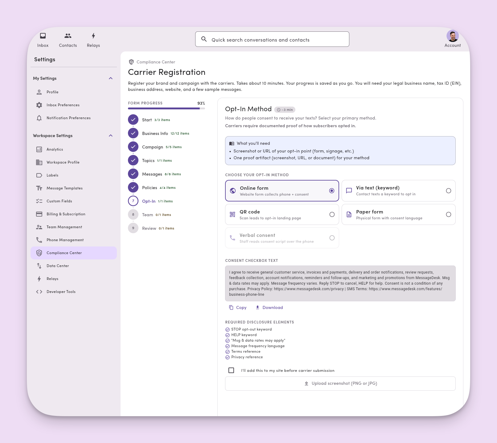 Carrier Registration Opt In Form Option