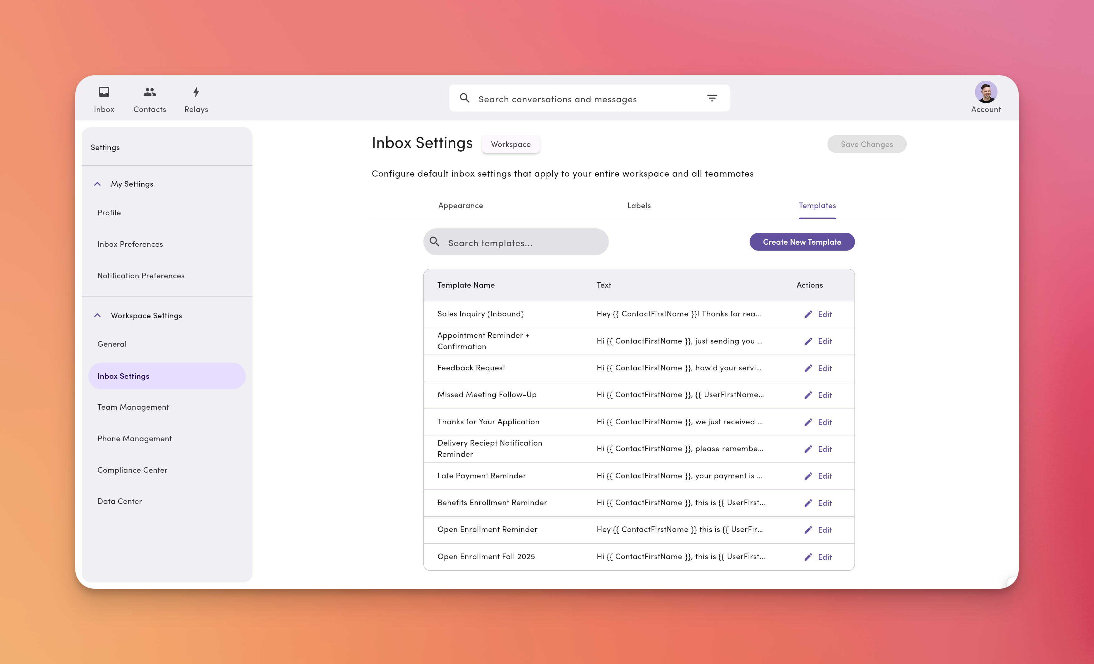 Inbox Settings Templates Pn