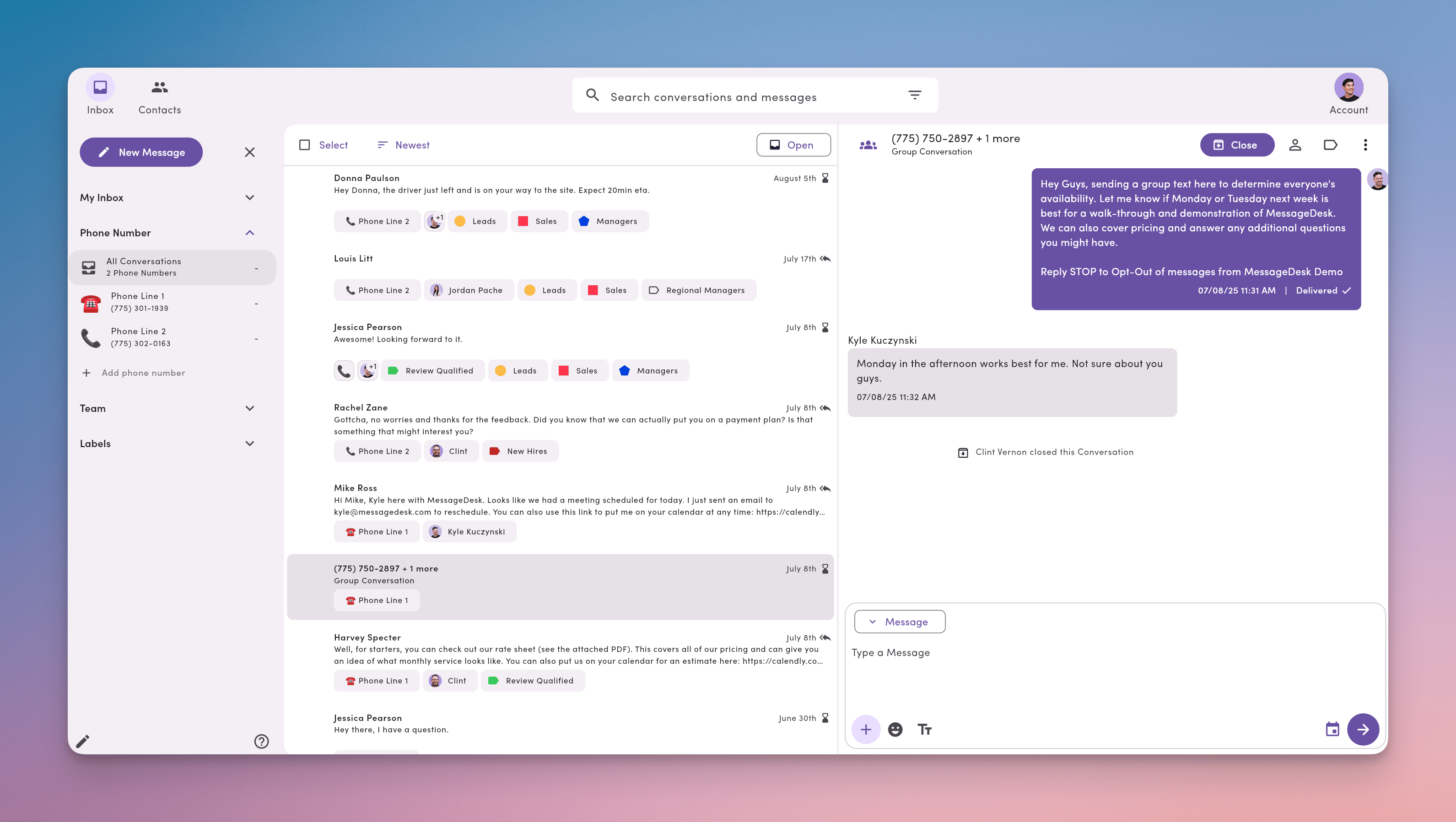 A group conversation thread in the MessageDesk Inbox