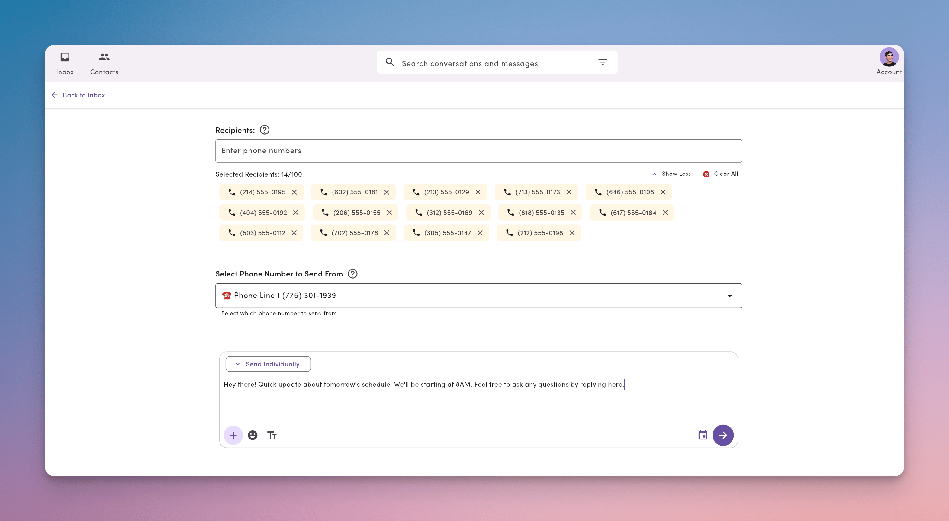 SMS broadcast compose screen with multiple recipients and Send Individually selected