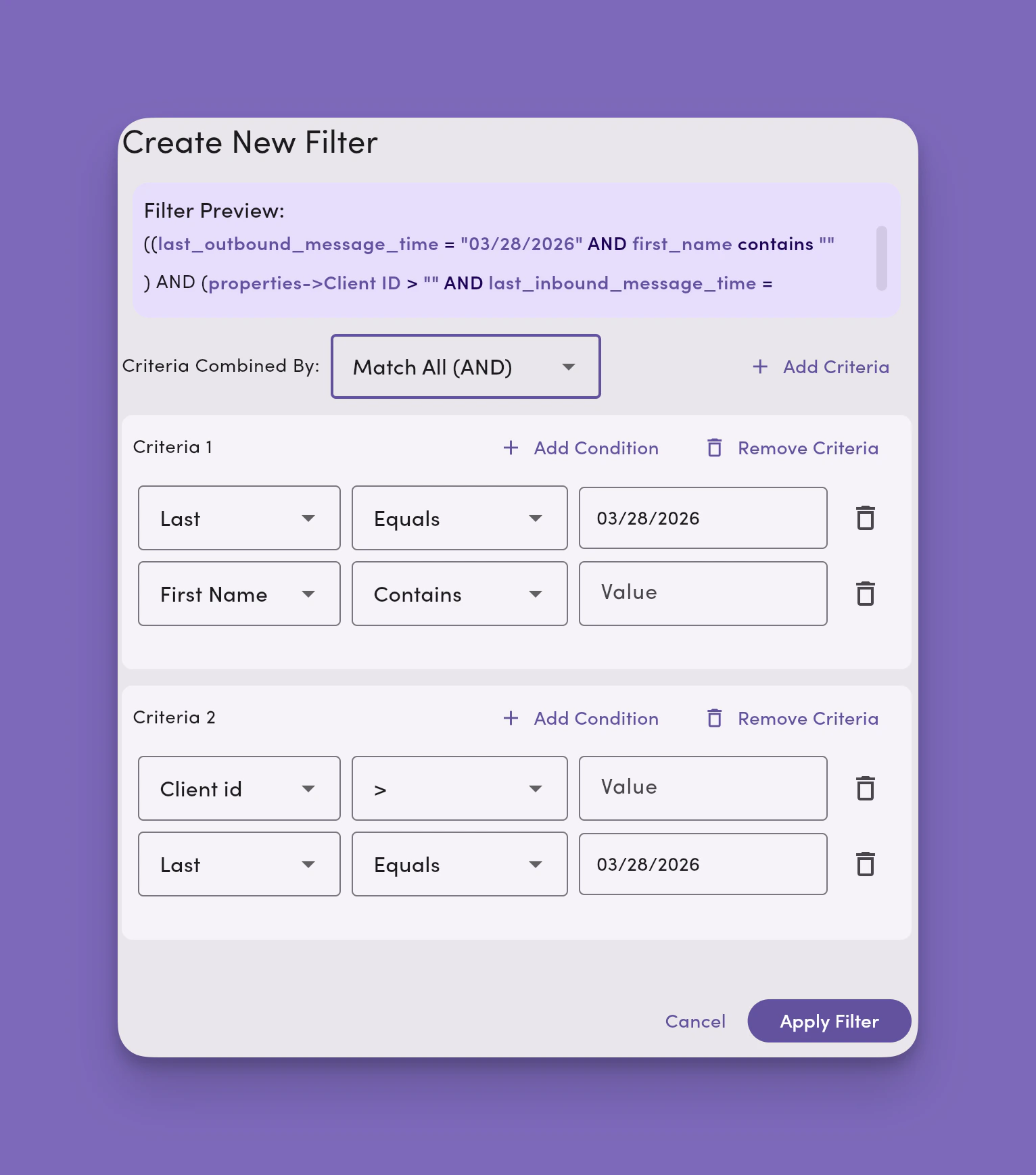 Contacts Create Filter