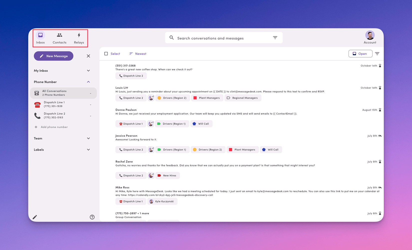 Inbox Overview - Shared Team SMS Inbox