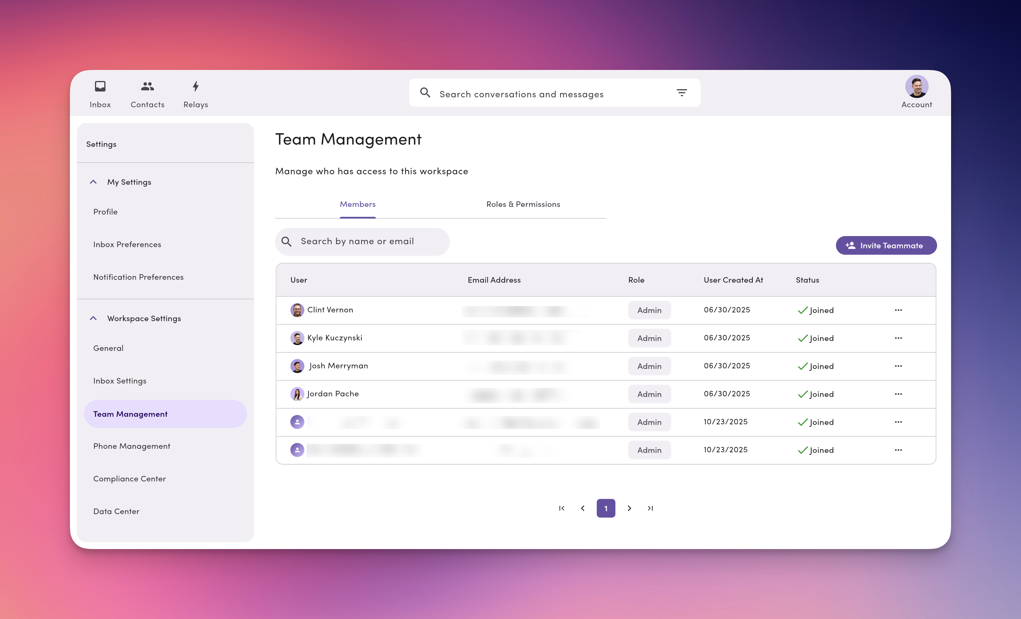 Settings Team Management Pn