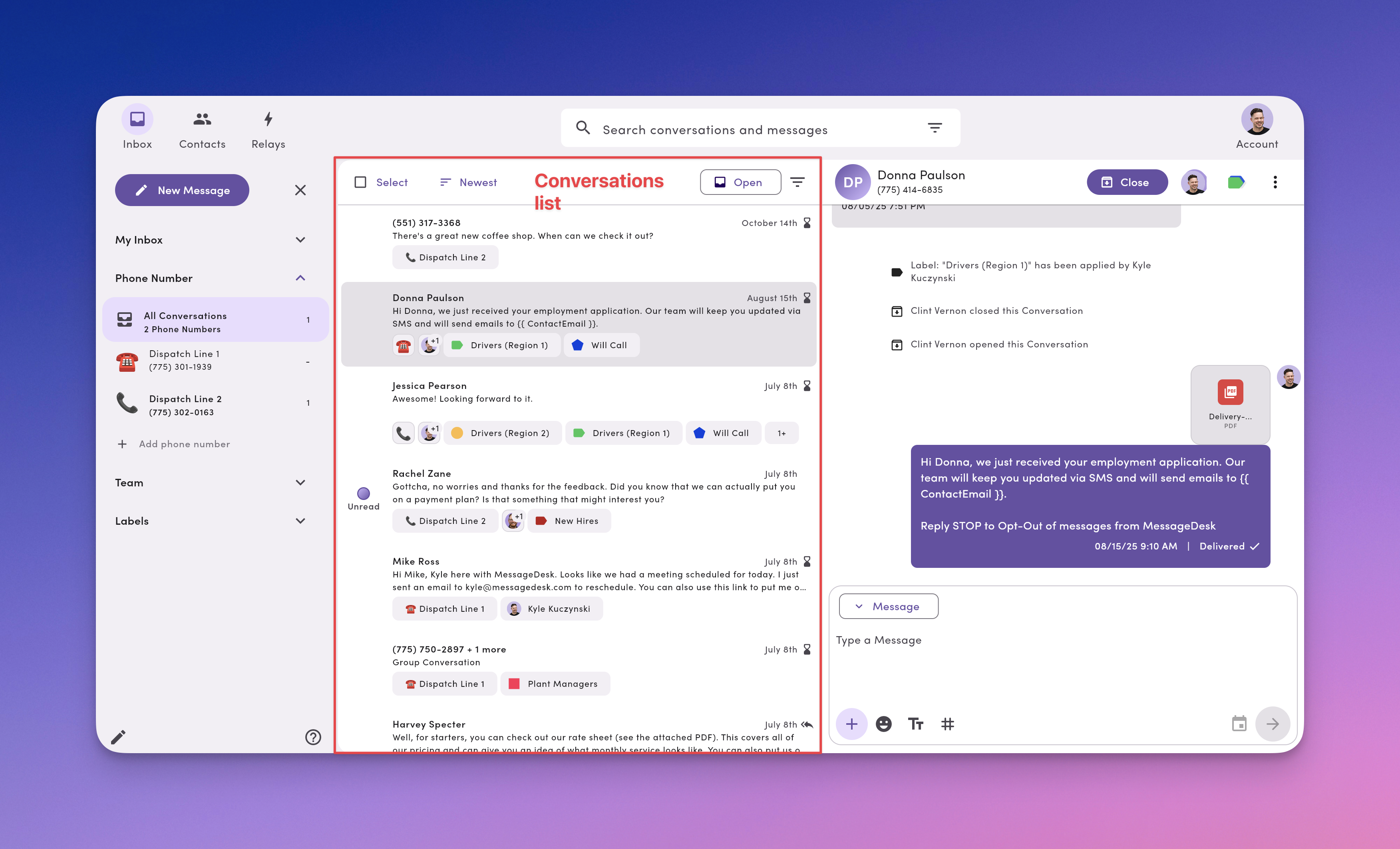 Inbox Overview - Shared Team SMS Inbox