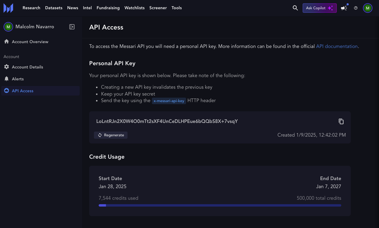 Messari API Key Generation Interface