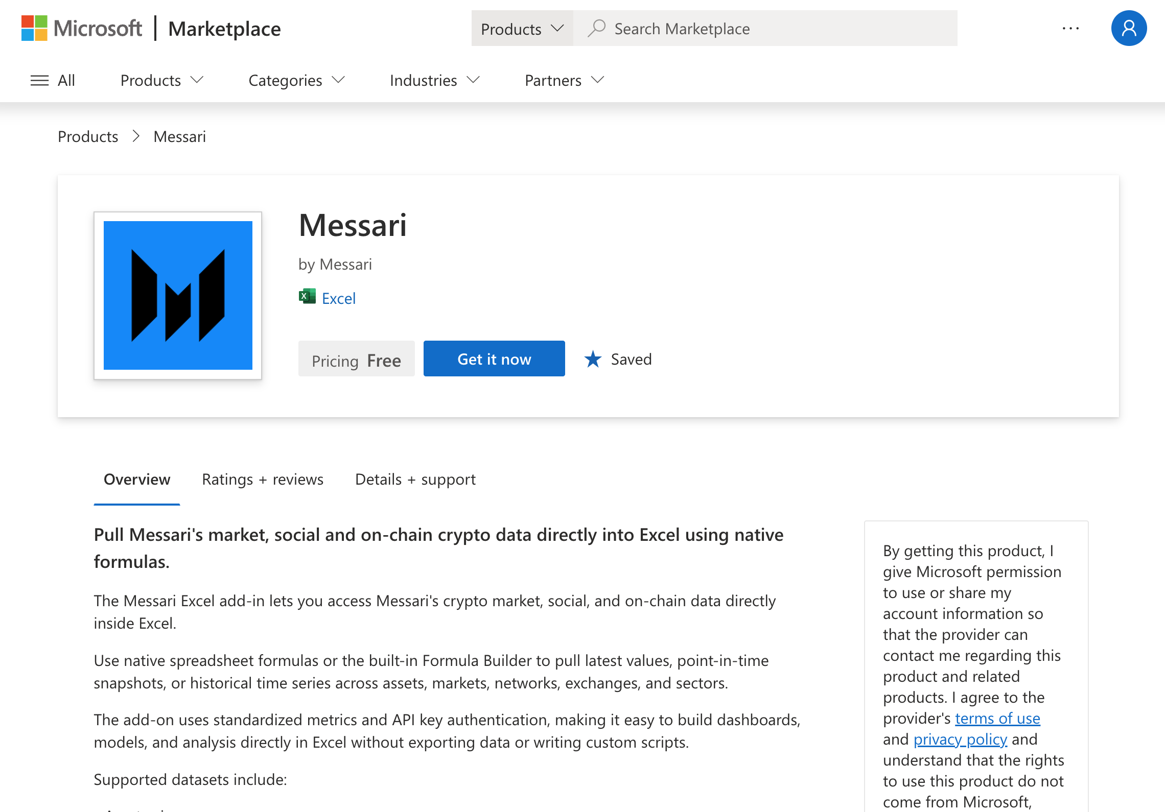 Microsoft Marketplace Messari Add-In