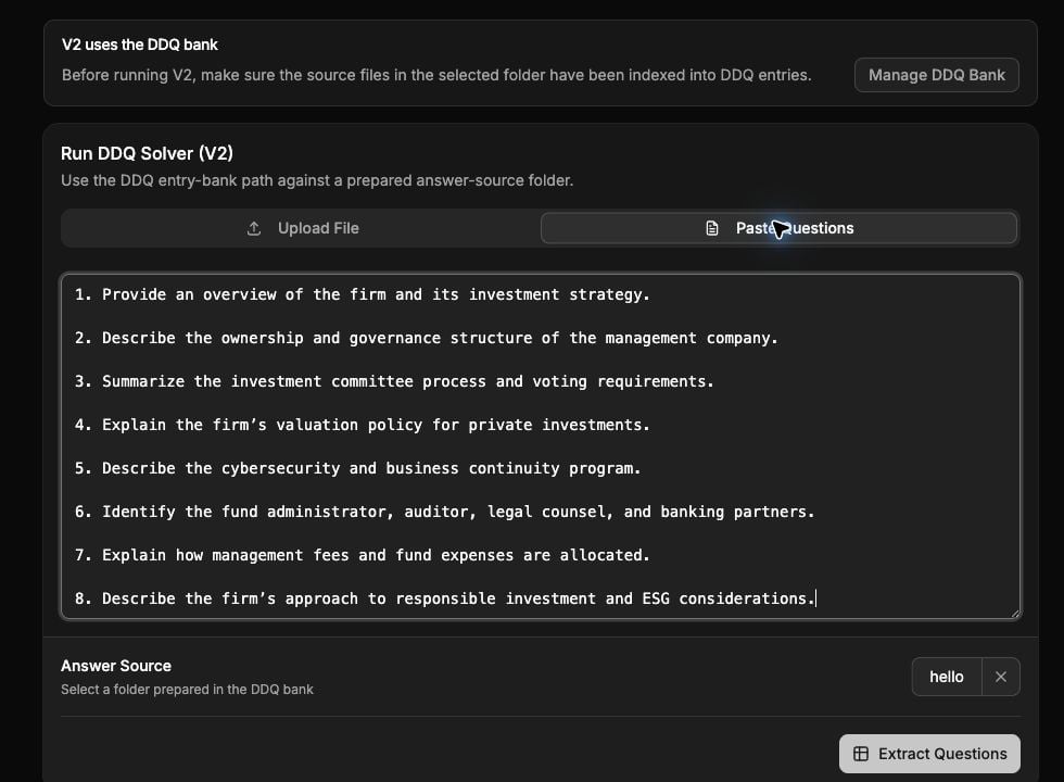 Metal DDQ Solver V2 with eight fictional due diligence questions and a prepared answer source selected