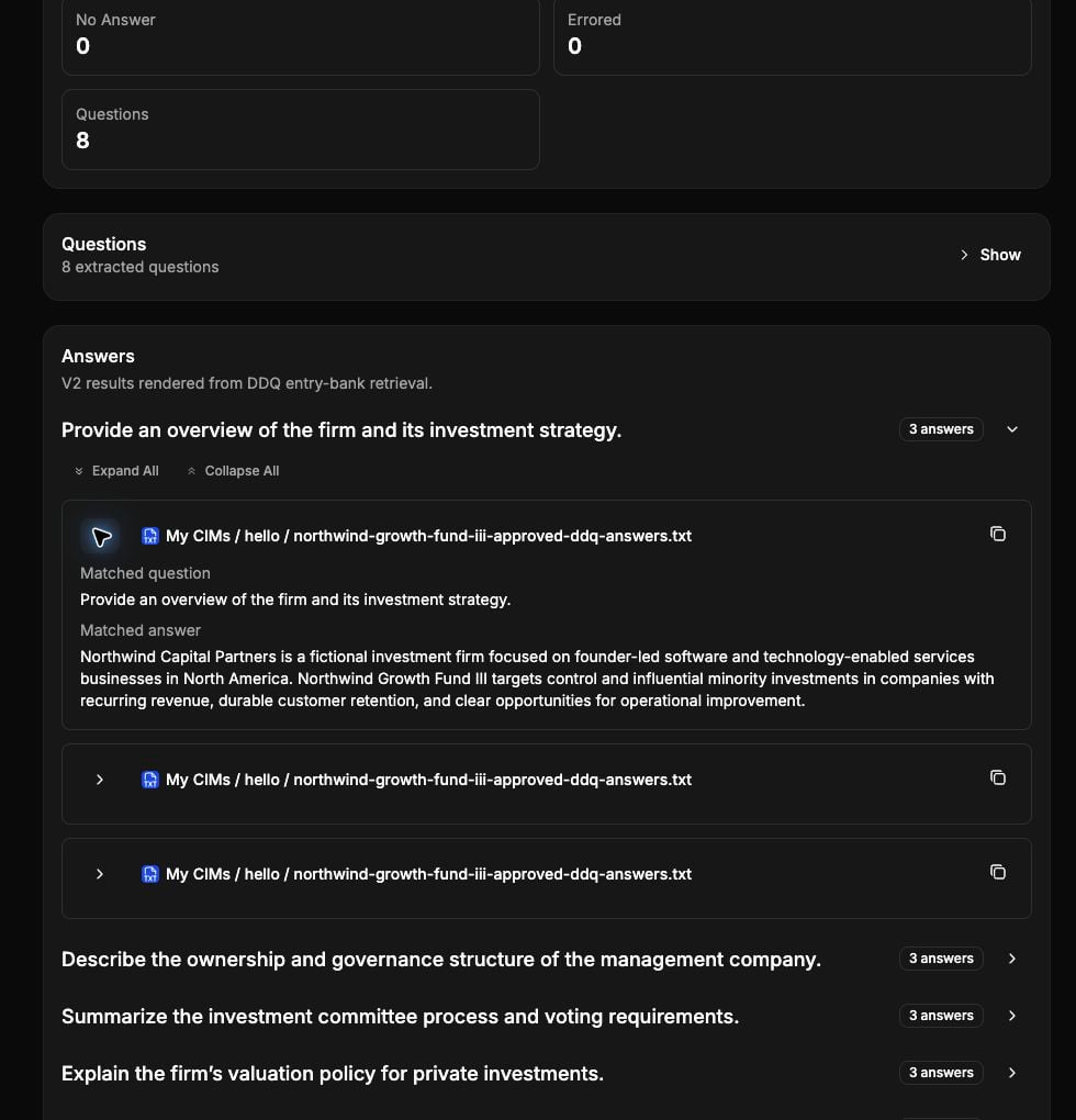 Completed Metal DDQ Solver V2 run with eight answered questions and a sourced fictional Northwind response
