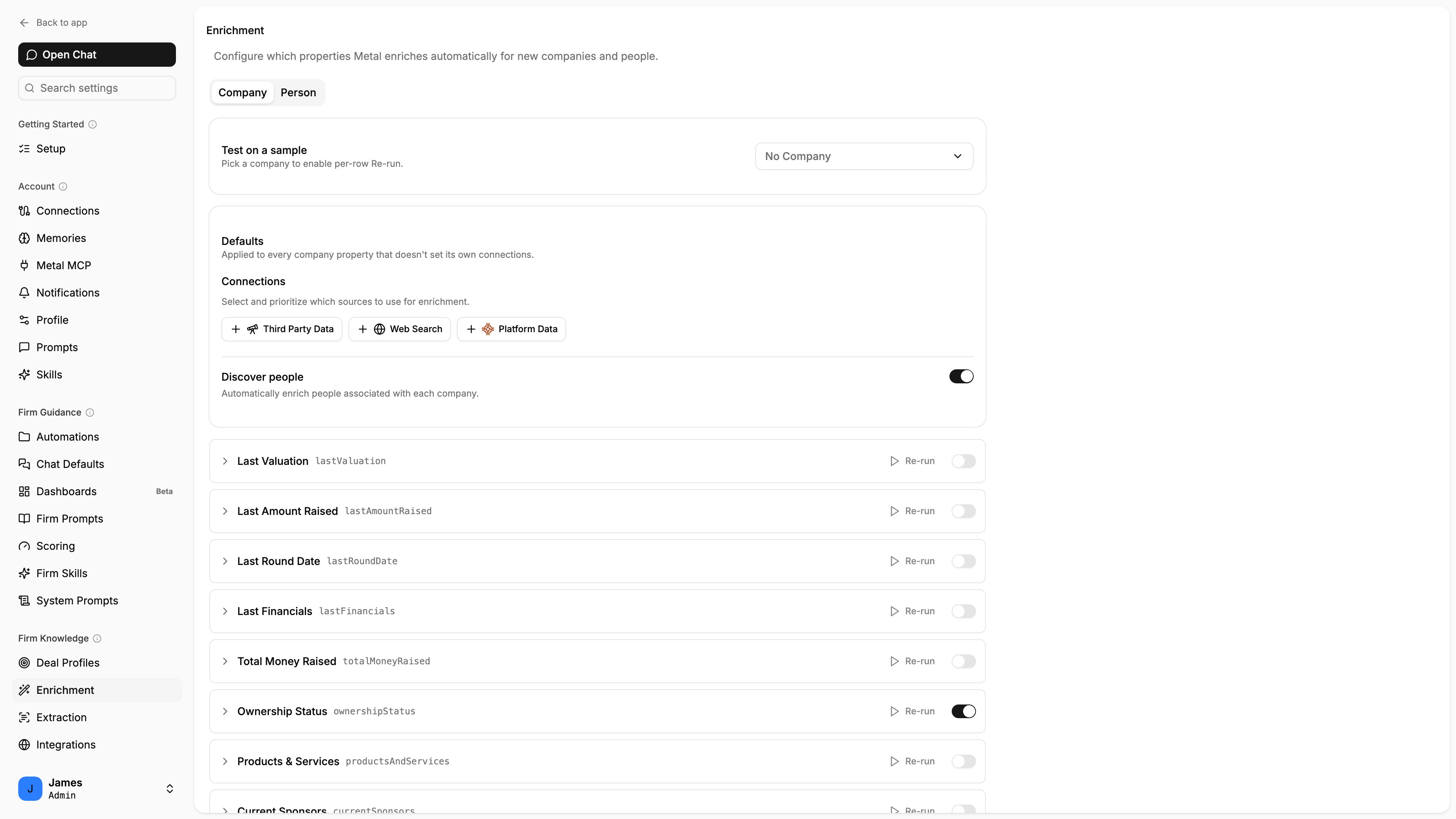The Enrichment settings page showing financial properties such as Last Valuation, Last Amount Raised, Last Round Date, and Last Financials with their source connections