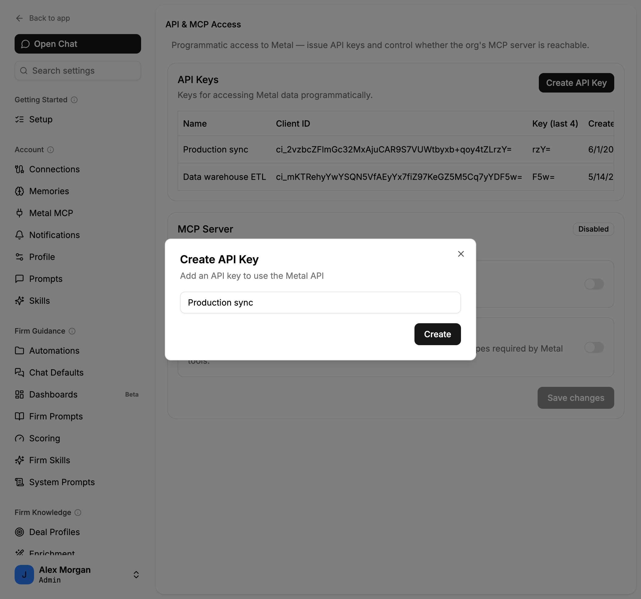Create API Key dialog with a name input and a Create button