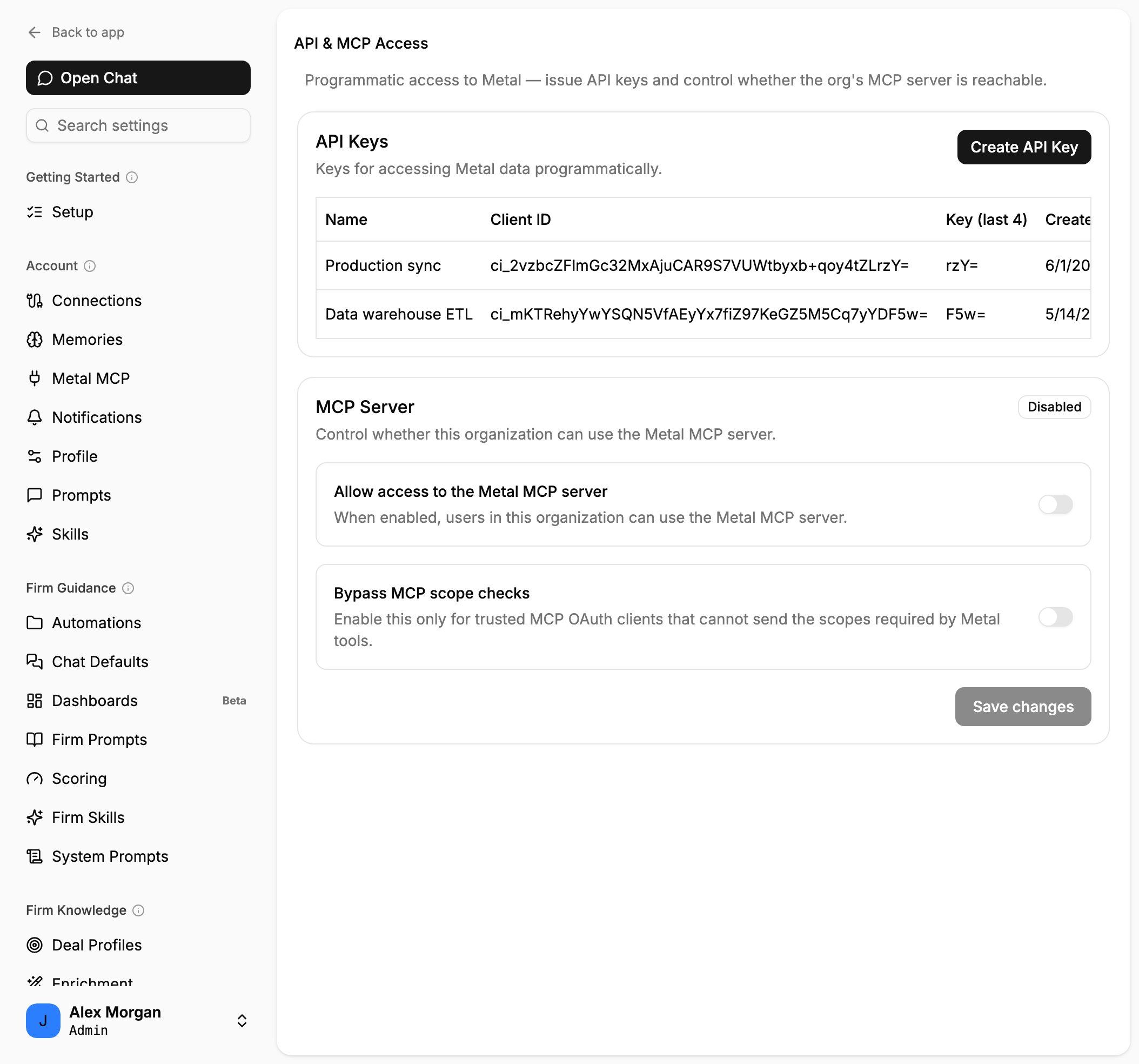 Metal settings page showing the API Keys table with name, client ID, key last four, and created date columns
