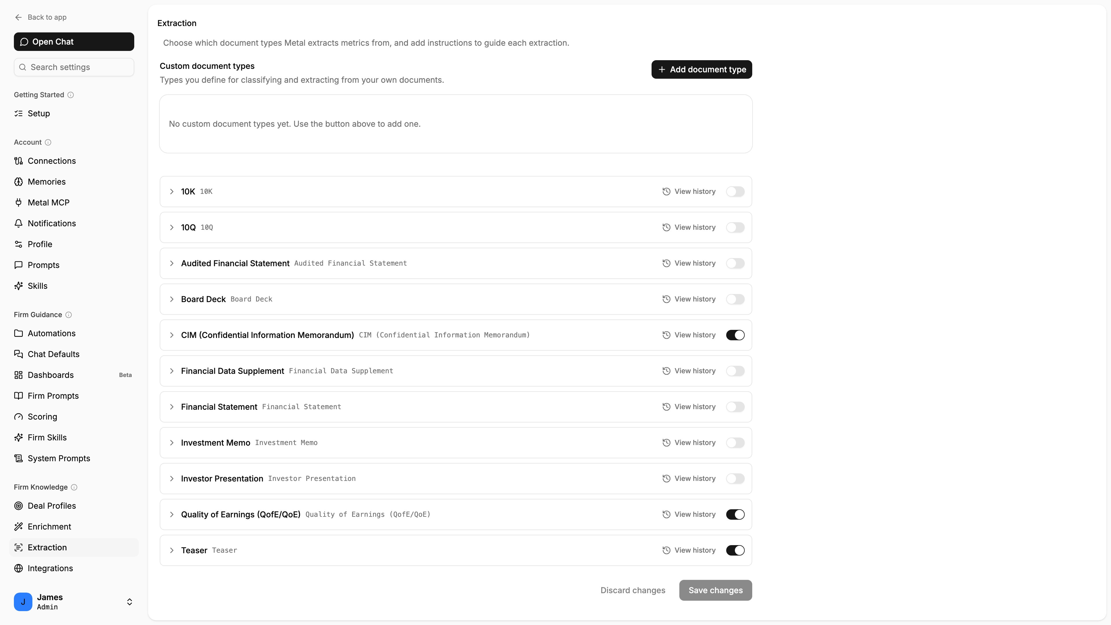 The Extraction settings page listing document types like 10K, CIM, Financial Statement, and Quality of Earnings, each with an enable toggle