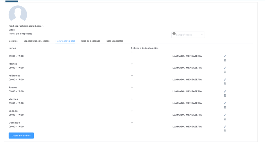 Agenda médica con días activos, festivos y descansos