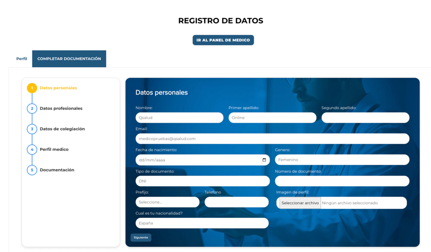 Interfaz de edición de perfil y subida de documentación