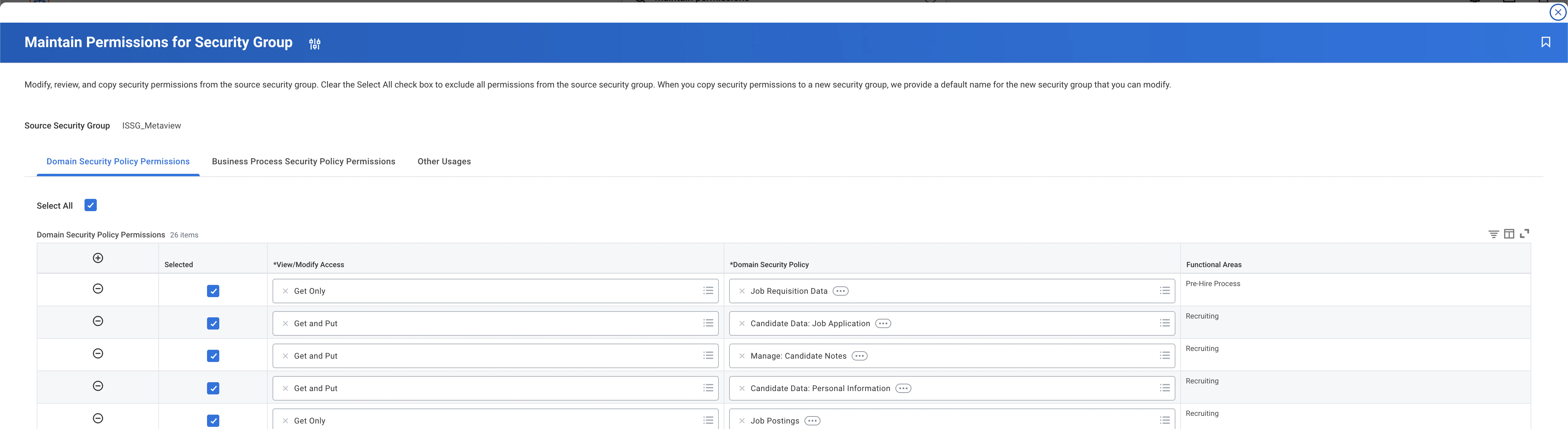 Domain Security Policy Permissions table