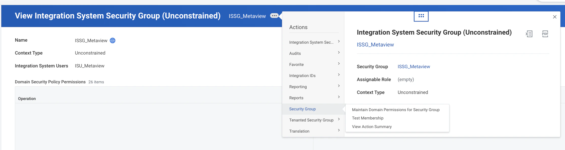 View Security Group — actions menu