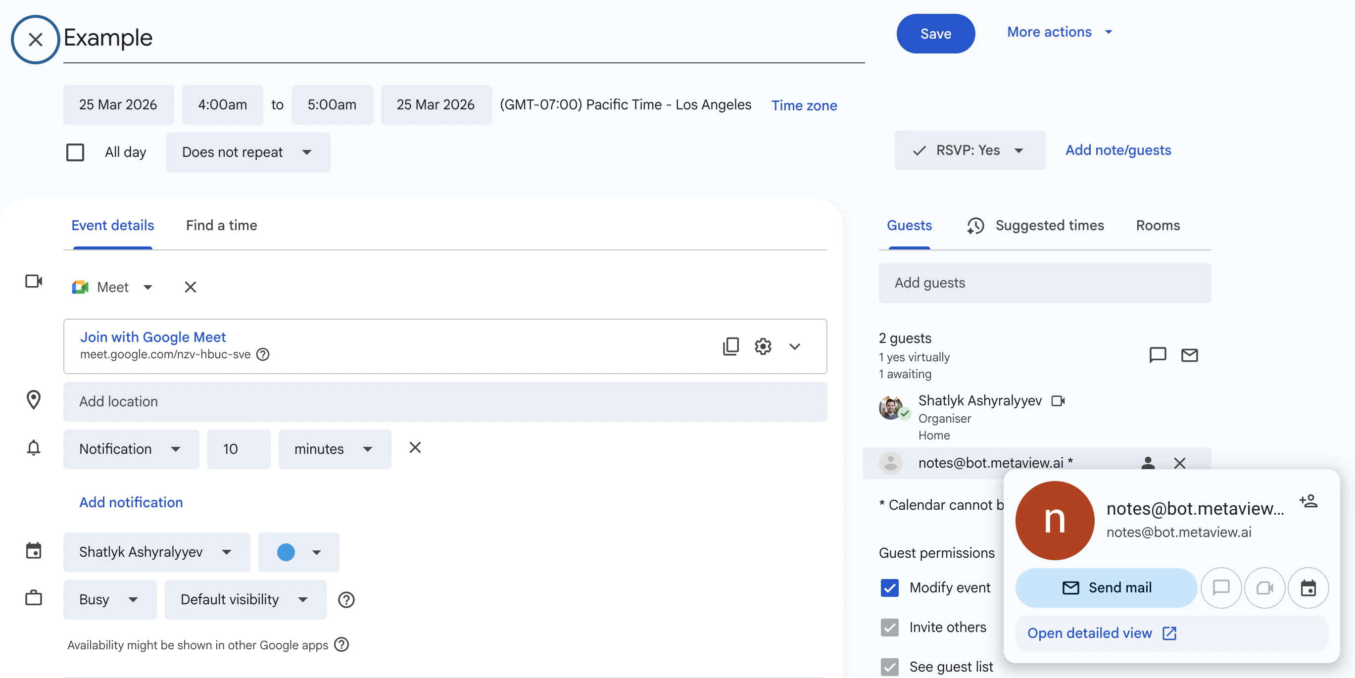 Example of manually inviting Metaview to a Google Calendar event Example of manually inviting Metaview to a Google Calendar event