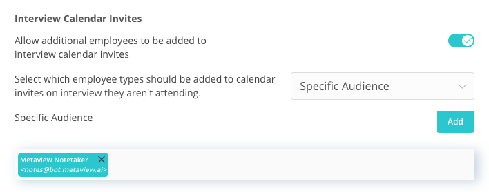 Paradox Interview Calendar Invites settings with Metaview Notetaker added as the specific audience