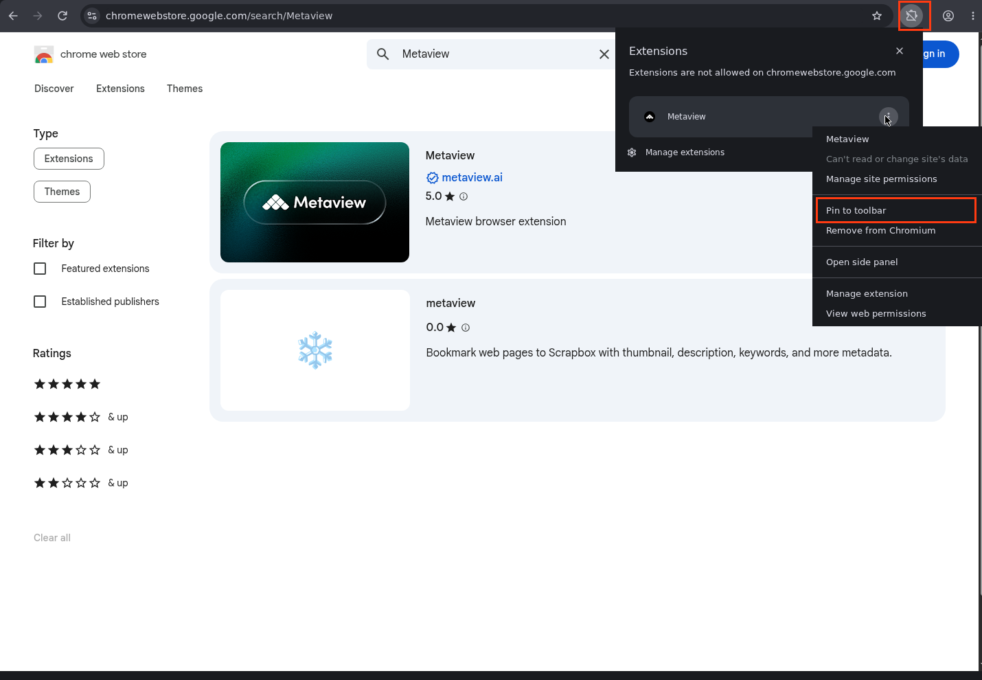 Chrome Extensions menu with Pin to toolbar highlighted for Metaview