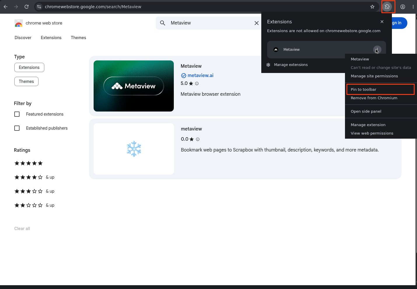 Chrome Extensions menu with Pin to toolbar highlighted for Metaview