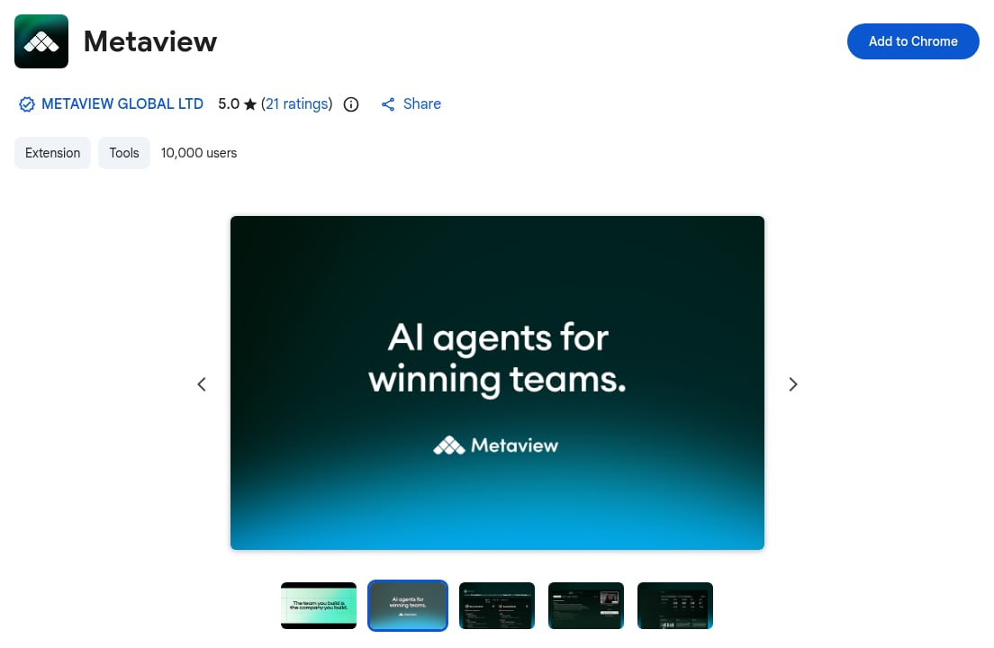 Metaview extension listing with the Add to Chrome button