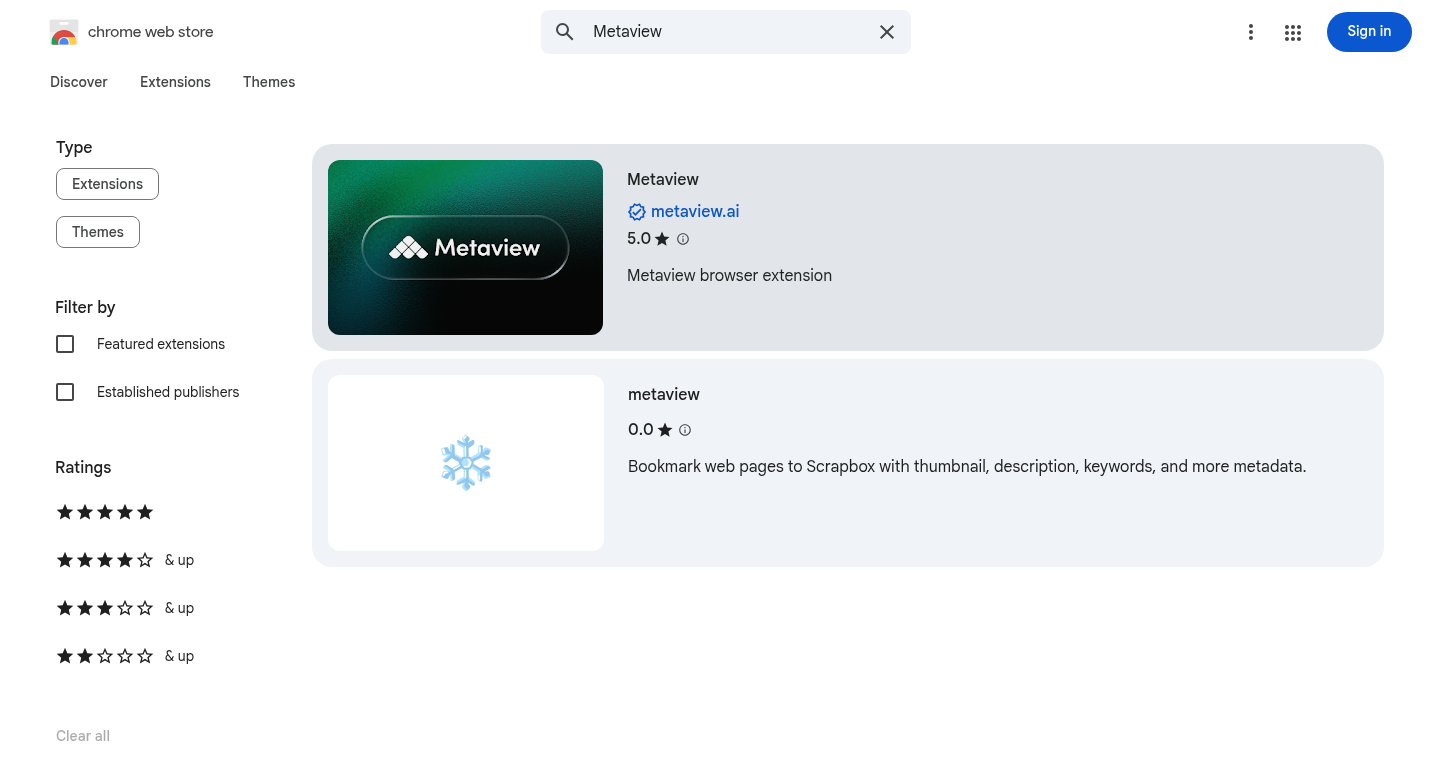 Metaview extension in Chrome Web Store search results